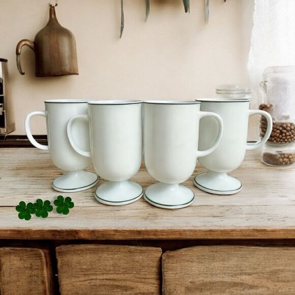 Vintage Irish Coffee White Shamrock Green Trim Footed Ceramic Mugs Set of 4 - Picture 1 of 16